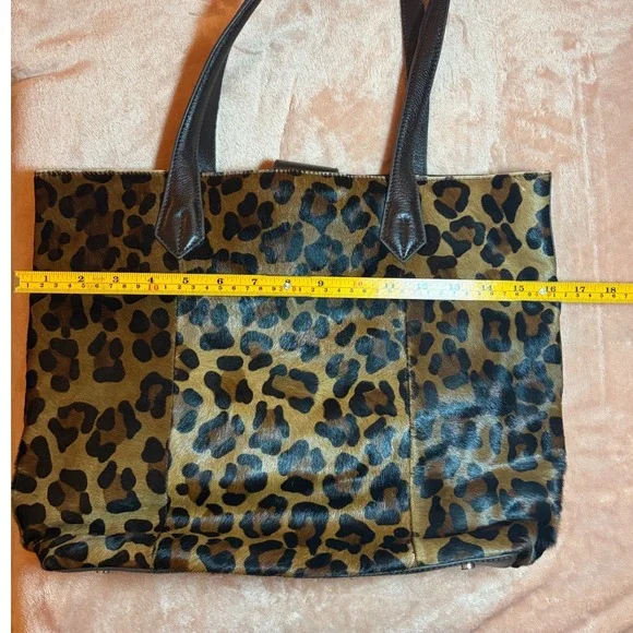 Wilsons Leather Leopard Print Haircalf Tote Bag Brown Leather Shoulder Bag - Picture 8 of 9